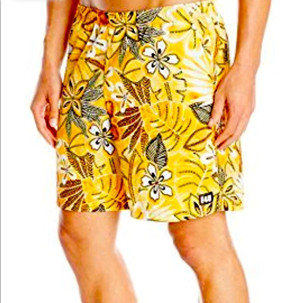 Mens Yellow Botanical interior brief Swim Short XL